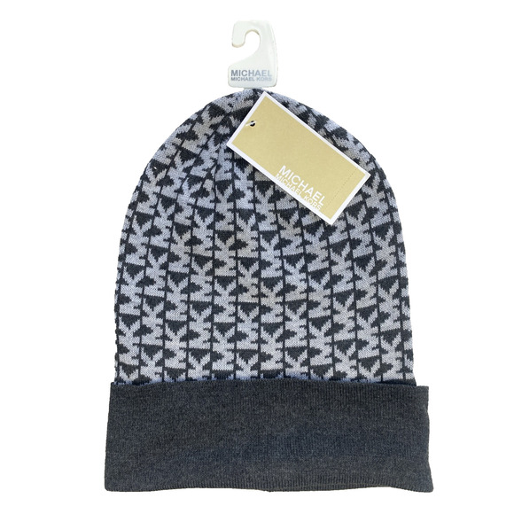 MICHAEL KORS Hat Womens MK MONOGRAM Gray Logo Stretch Winter Beanie NEW - Picture 1 of 4